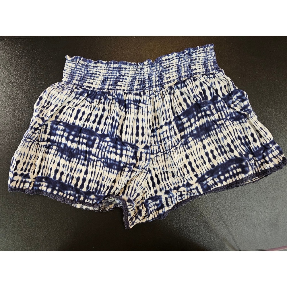 NoBo Ikat Gypsy Tie Dye Shorts Women XL‎ Blue Smocked Waist Boho Lace Trim #725